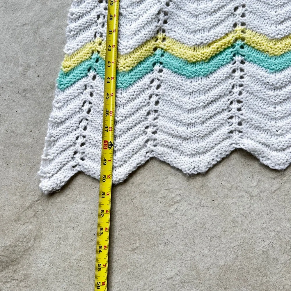 Handmade Knit Baby Blanket White Yellow Mint Chevron Ripple Pointelle 50x33
